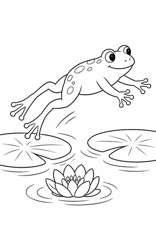 Frog leaping with four extended limbs and spread toes above two lily pads, ripples and a water-lily flower.