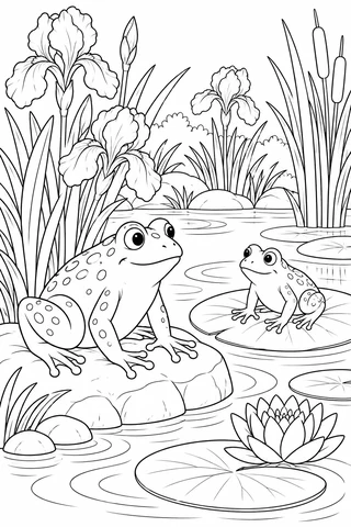 Two spotted frogs resting on a stone and a lily pad in an iris-lined pond with reeds and a water-lily flower.