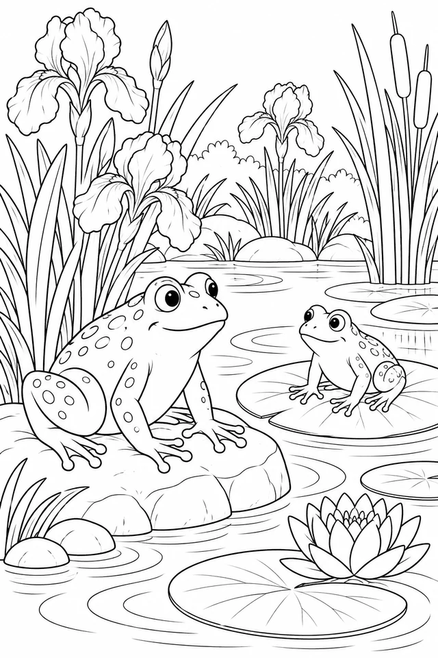 Two spotted frogs resting on a stone and a lily pad in an iris-lined pond with reeds and a water-lily flower.