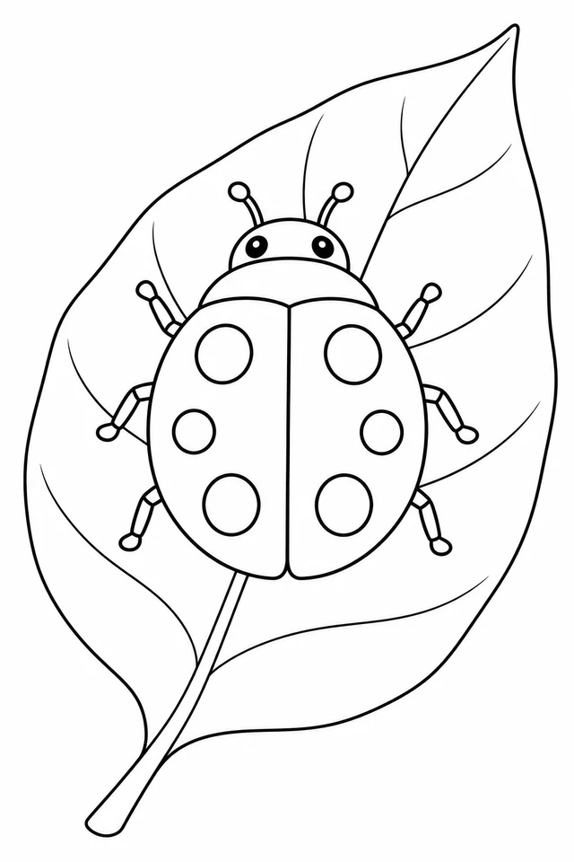 Top-view ladybird with six legs, two antennae and outlined spots rests on a broad veined leaf.