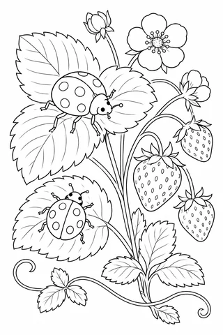 Two spotted ladybirds on serrated strawberry leaves among three berries, a blossom and curling runners.