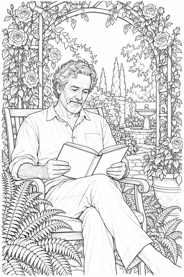 An older man with curly hair and a short beard holds an open book while seated beneath a rose trellis among ferns and a garden fountain.
