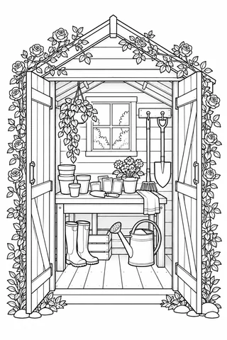 Garden shed with open doors, potting bench, hanging tools, watering can, boots and climbing roses.