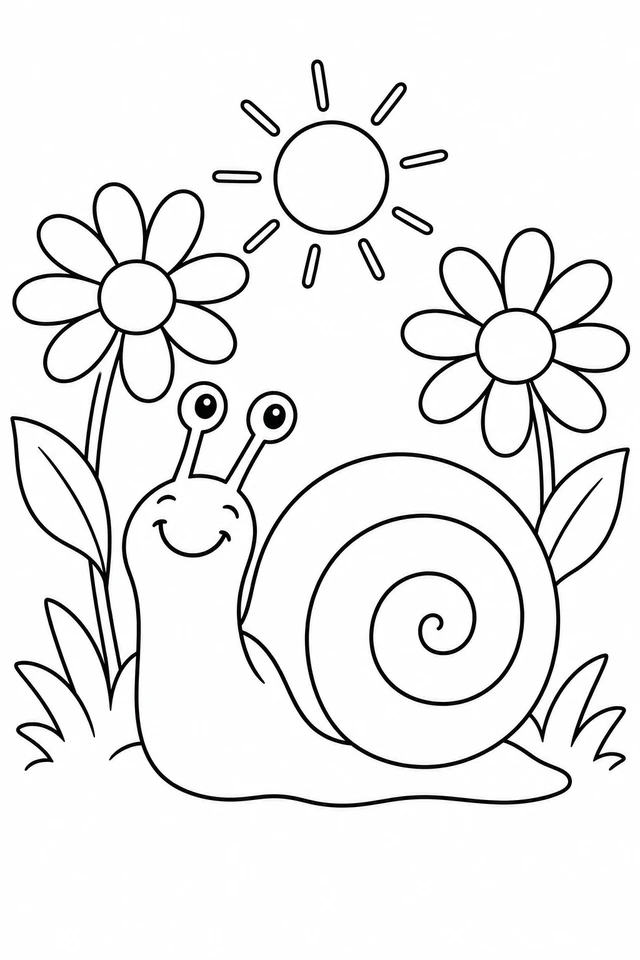 Bold outline coloring page of a snail with a spiral shell among daisies and leaves.