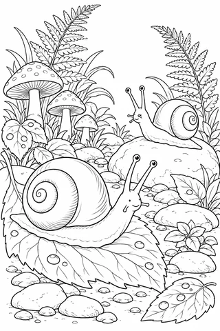 Two snails with spiral shells on a broad leaf and a stone, surrounded by ferns, mushrooms and dew-covered leaves.
