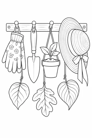 Gardening gloves, a hand trowel, a potted seedling and a ribboned sun hat hang from a rail, with three leaves below.