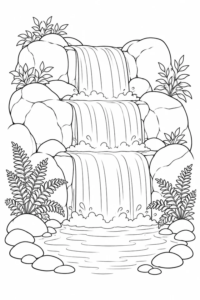 A three-tier waterfall flows between rounded rocks and fern plants into a shallow pool.