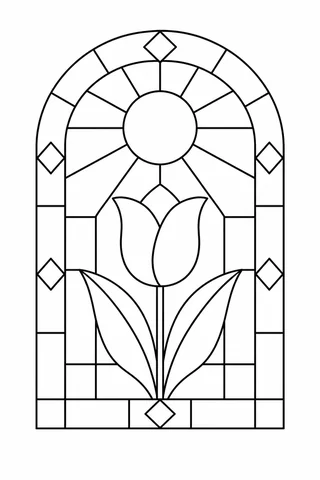 Black outline arched window with a tulip, two leaves, a sun and diamond-and-rectangle border panes.