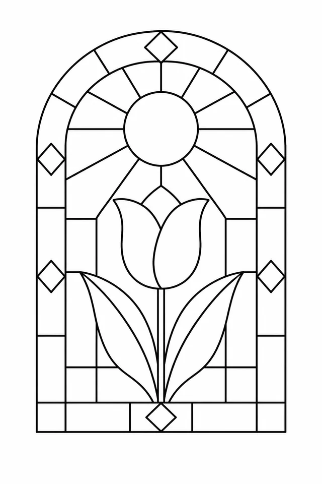 Black outline arched window with a tulip, two leaves, a sun and diamond-and-rectangle border panes.