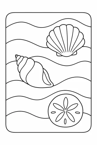 A scallop shell, spiral shell and sand-dollar shape arranged across wide wavy bands.