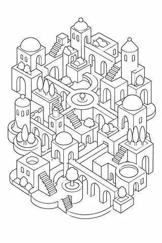 Black outline imaginary geometric city with stepped buildings, arches, domed towers, terraces and small trees.