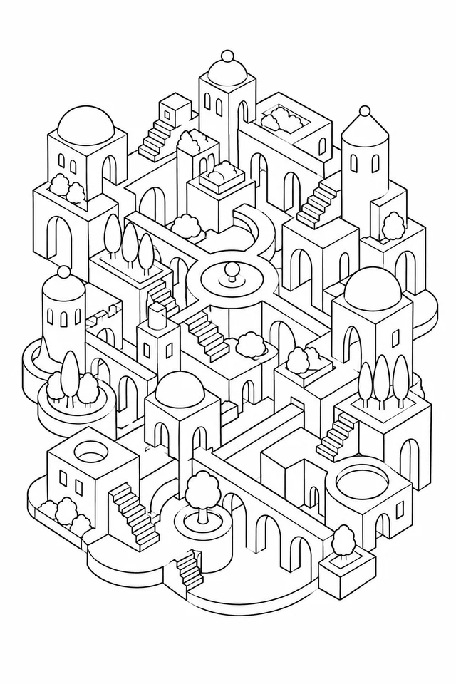 Black outline imaginary geometric city with stepped buildings, arches, domed towers, terraces and small trees.