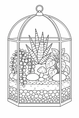 A domed glass terrarium holds upright and trailing plants, a small mushroom, stones and visible layers of soil and pebbles.