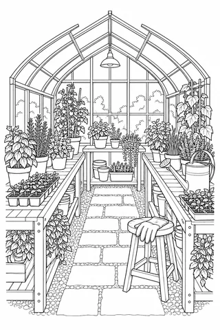 Greenhouse interior with arched glass roof, benches of plants, seedling trays, watering can and gloves.