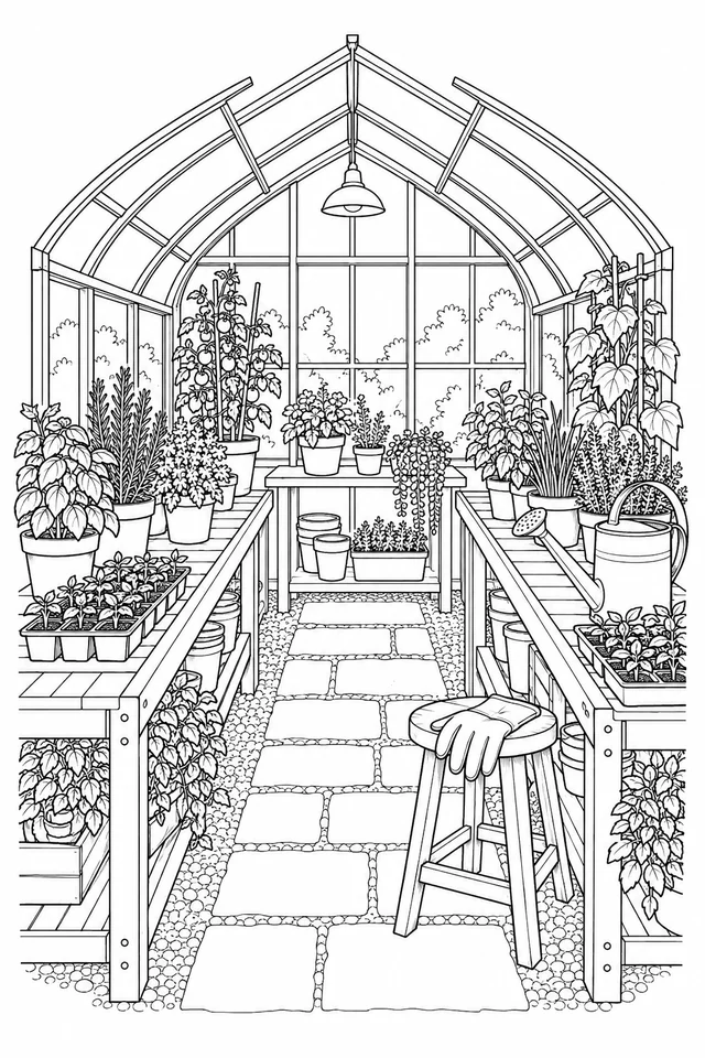 Greenhouse interior with arched glass roof, benches of plants, seedling trays, watering can and gloves.