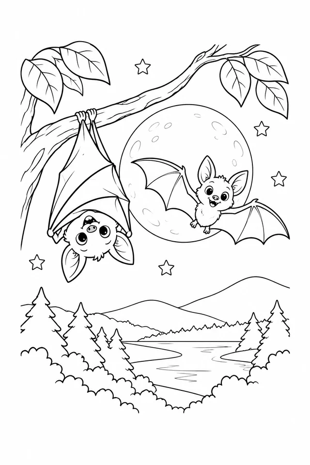 One bat hanging from a branch and another flying before a full moon, with leaves, stars and a lake below.
