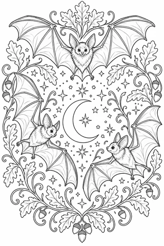 Three bats with outstretched membrane wings surround a crescent moon and stars inside an oak-leaf and acorn frame.