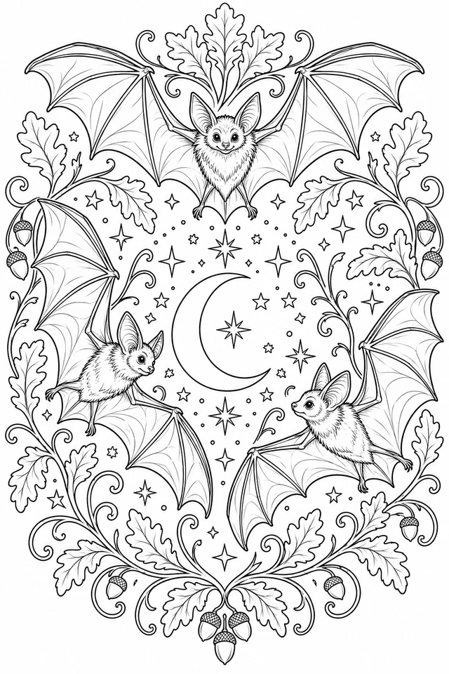 Three bats with outstretched membrane wings surround a crescent moon and stars inside an oak-leaf and acorn frame.