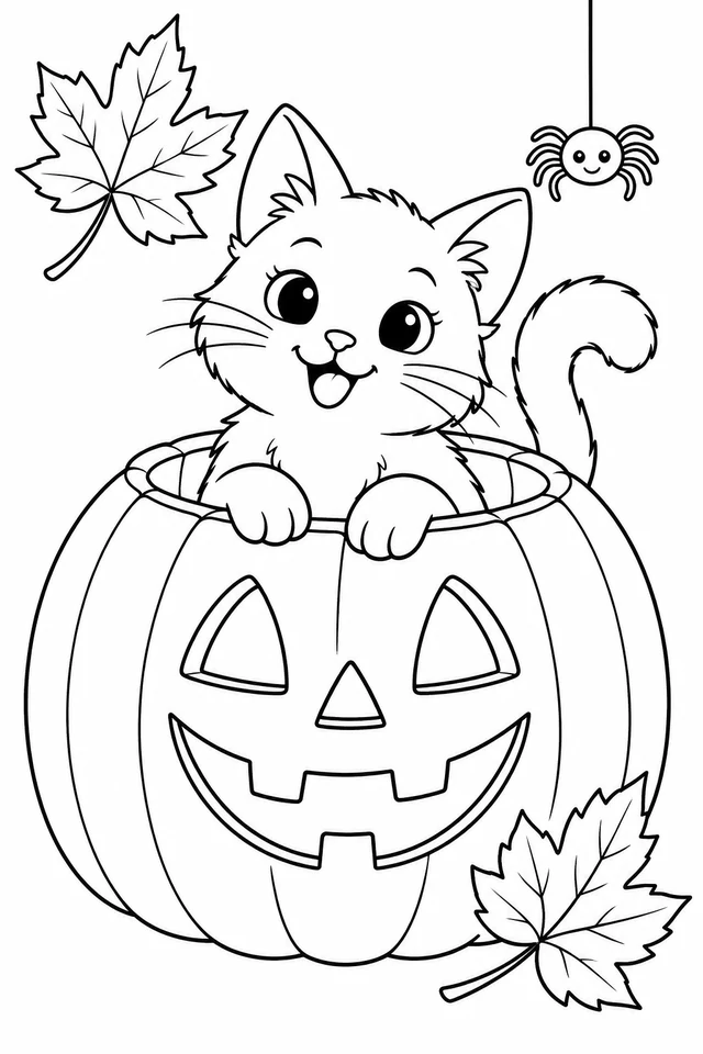 A kitten with two paws on the rim of a smiling jack-o-lantern, with a curled tail, two leaves and a small hanging spider.