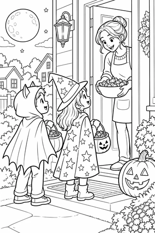 Children in bat and starry wizard costumes holding treat buckets at a doorway where an adult holds a bowl, with a pumpkin and moon.