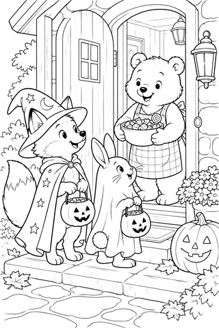 Rabbit in a ghost costume and fox in a wizard hat holding pumpkin buckets at a cottage door, where a bear offers a bowl of treats.