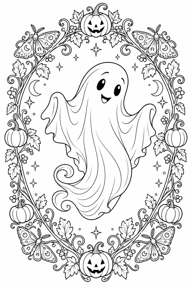 A friendly ghost floats within an oval frame of pumpkins, curling leaves, moths, crescent moons and stars.