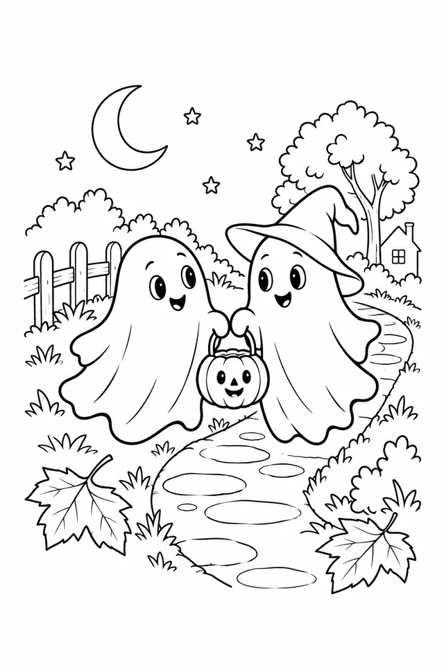 Two smiling ghosts carrying a pumpkin lantern on a path, one in a floppy hat, with leaves, a fence and crescent moon.