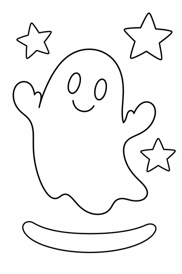 A smiling ghost with two mitten-shaped arms floats over a crescent outline beneath three large outlined stars.