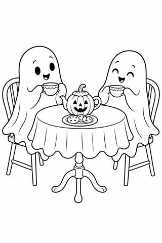 Two smiling ghosts sit in chairs holding cups beside a tea table with a pumpkin teapot and a plate of cookies.