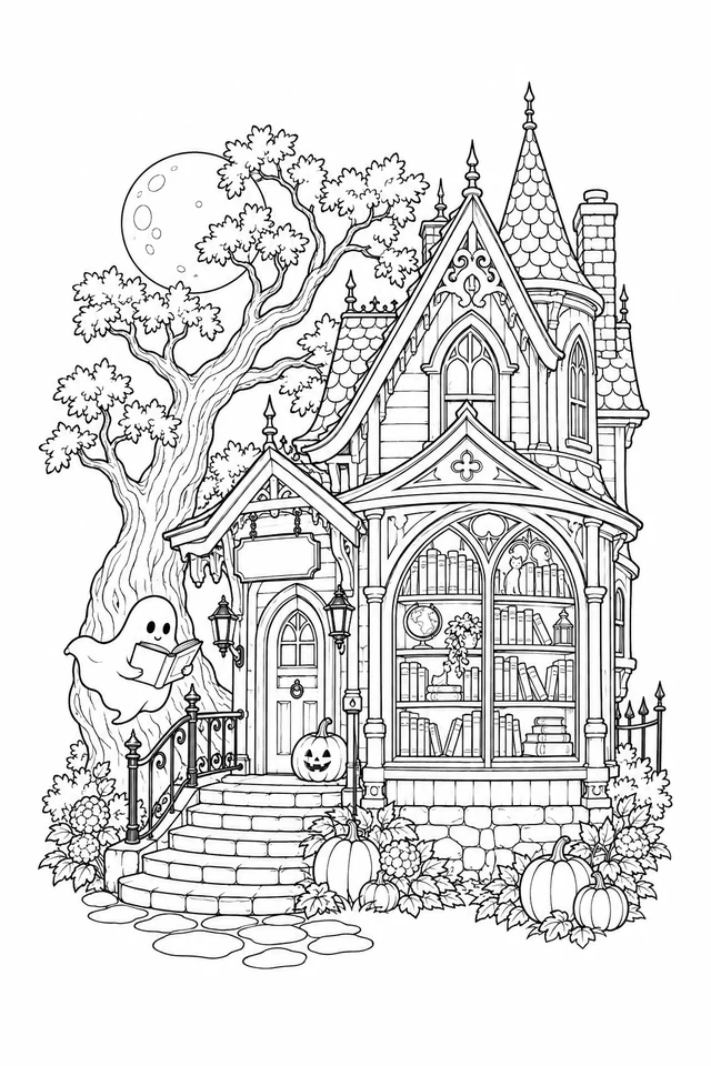 An ornate pointed-roof bookshop with filled bookshelves, a reading ghost, pumpkins, stone steps and a large moonlit tree.