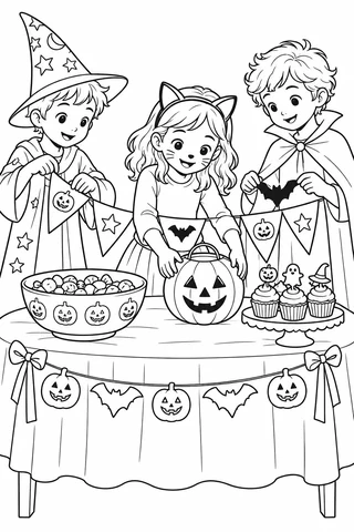 Three children in wizard, cat-ear and cape costumes decorate a party table with bunting, candy, cupcakes and a pumpkin lantern.