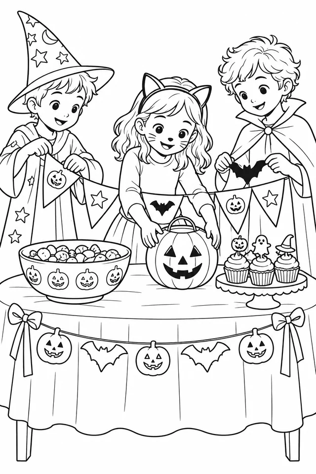 Three children in wizard, cat-ear and cape costumes decorate a party table with bunting, candy, cupcakes and a pumpkin lantern.