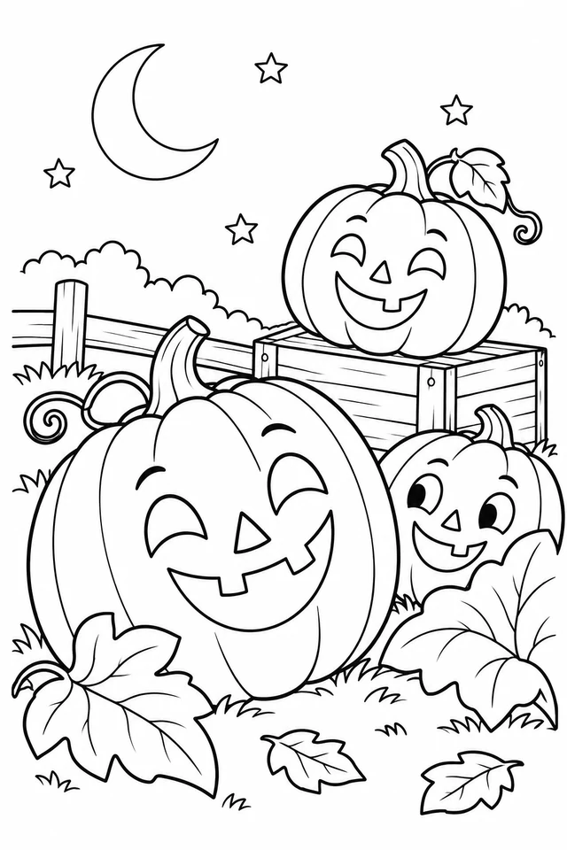 Three friendly jack-o-lanterns, one on a wooden crate, surrounded by leaves beneath a crescent moon and stars.