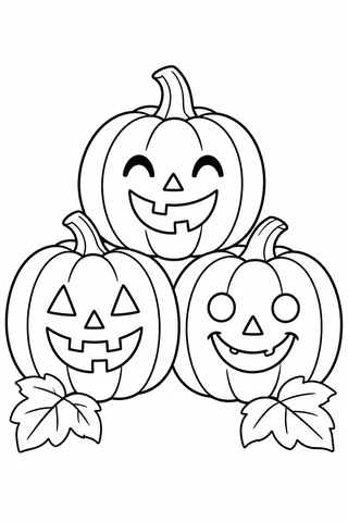 Three jack-o-lanterns stack in a pyramid with two below and one above, different outlined faces and two large leaves.