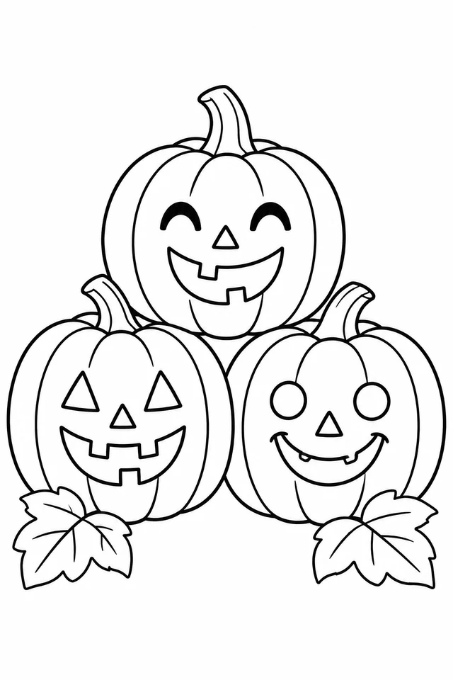 Three jack-o-lanterns stack in a pyramid with two below and one above, different outlined faces and two large leaves.