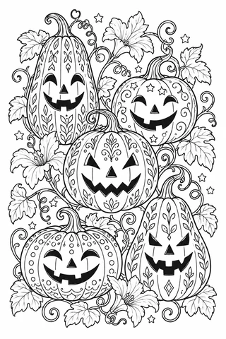 Five jack-o-lanterns with varied faces and skin patterns sit among curling pumpkin vines, broad leaves, flowers and small stars.
