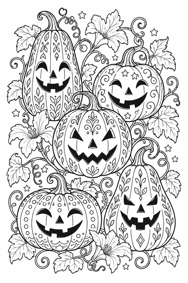 Five jack-o-lanterns with varied faces and skin patterns sit among curling pumpkin vines, broad leaves, flowers and small stars.
