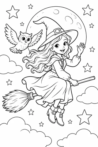 A friendly witch in a long-sleeved dress and pointed hat riding a broom before the moon, waving beside a flying owl.