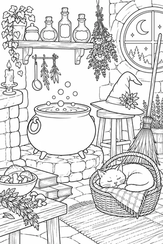 Witch kitchen with cauldron, three corked bottles, hanging herbs, pointed hat, broom and a sleeping cat in a woven basket.