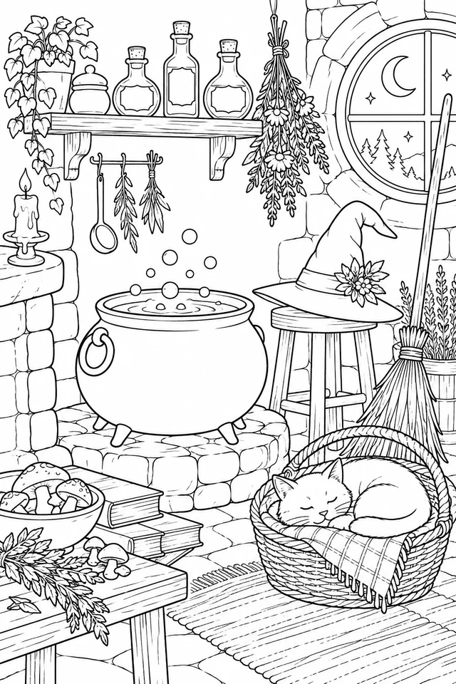 Witch kitchen with cauldron, three corked bottles, hanging herbs, pointed hat, broom and a sleeping cat in a woven basket.