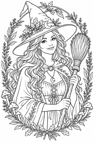 A witch with a pointed leaf-decorated hat and flowing hair holds an upright broom with two hands inside a leafy mushroom frame.