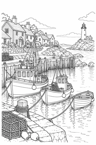 Three moored boats sit by a timber quay below weatherboard cottages, with ropes, nets and a lighthouse across the water.
