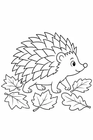 A hedgehog walks in profile above scattered maple- and oak-shaped leaves, with broad pointed quills across its back.