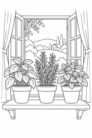 Three herb pots sit between open window shutters and curtains, with a small cottage and hills visible outside.