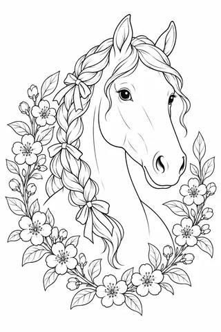 A horse head and neck portrait with a long braided mane and three ribbon bows, surrounded by blossoms, buds and pointed leaves.