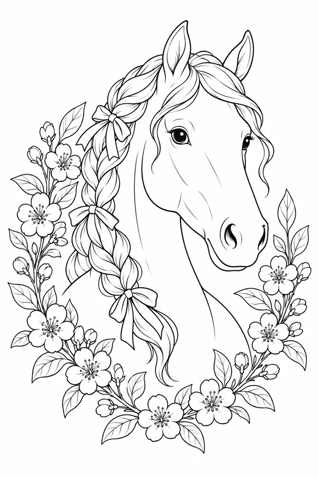 A horse head and neck portrait with a long braided mane and three ribbon bows, surrounded by blossoms, buds and pointed leaves.