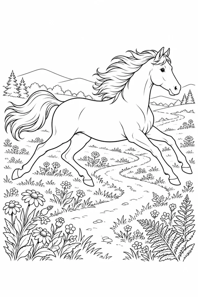 A galloping horse with four distinct legs and a flowing mane and tail above a winding trail, surrounded by wildflowers, ferns, distant trees and hills.