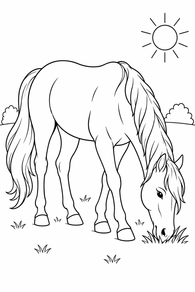 A full-body horse with four legs lowers its head to graze, with a sun, two shrubs and sparse clumps of grass.