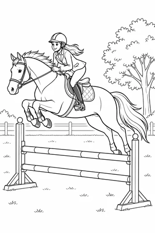 A helmeted rider leans forward on a saddled horse jumping over striped rails, with folded forelegs, trailing hindlegs and a tree.