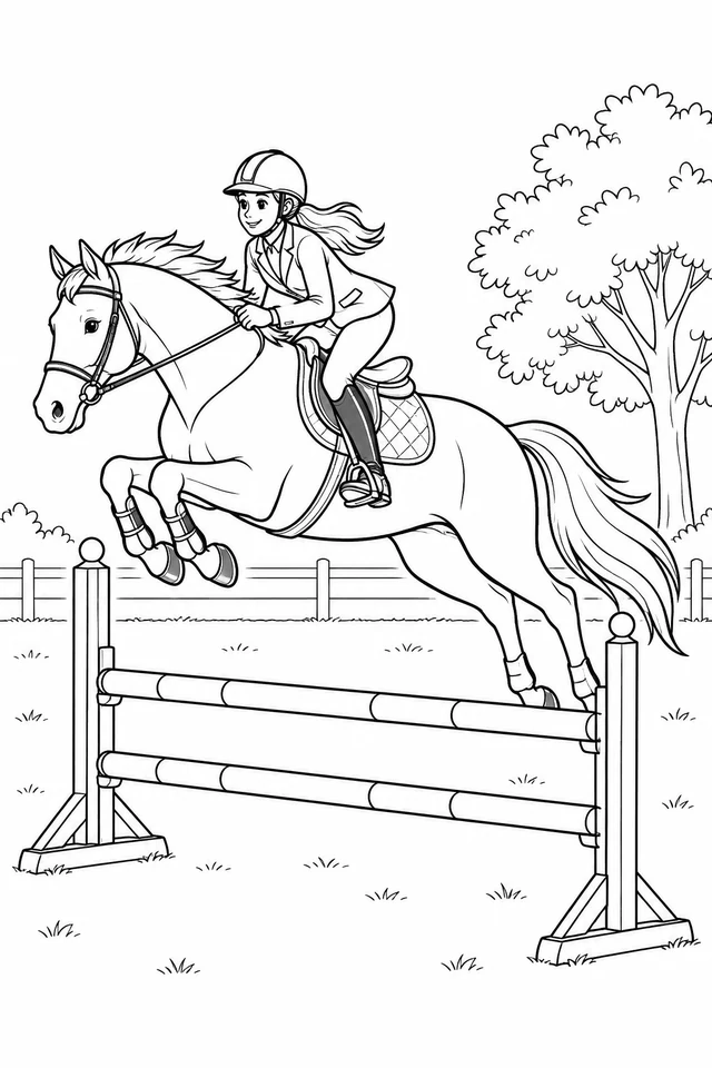 A helmeted rider leans forward on a saddled horse jumping over striped rails, with folded forelegs, trailing hindlegs and a tree.